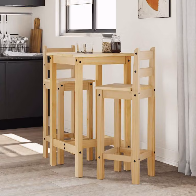 Set da Bar vidaXL in Legno di Pino Cerato, Tavolo Quadrato e 3 Sedie, Marrone e Beige