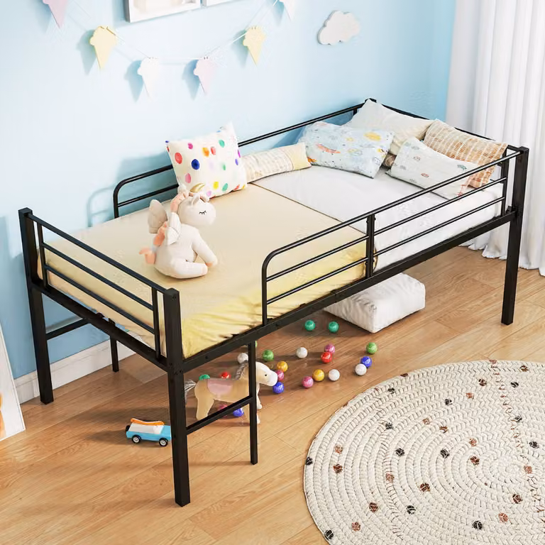 Costway Letto a soppalco singolo per ragazzi in metallo con sponde di sicurezza e 2 scale, Nero, 90x190 cm