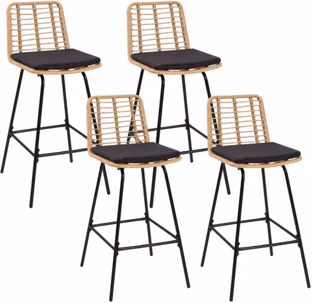 Set di 4 sgabelli da bar IDMarket SUMMER in effetto rattan con gambe in metallo nero stile boho