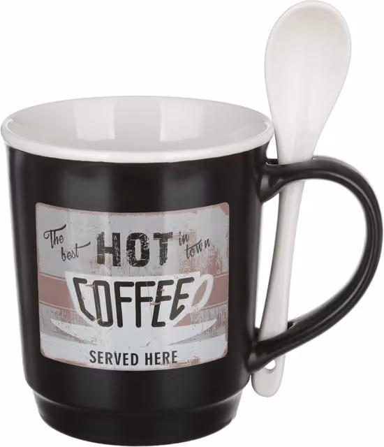Tazza mug conica in porcellana KASANOVA con coperchio e cucchiaino, grigio scuro, 400 ml