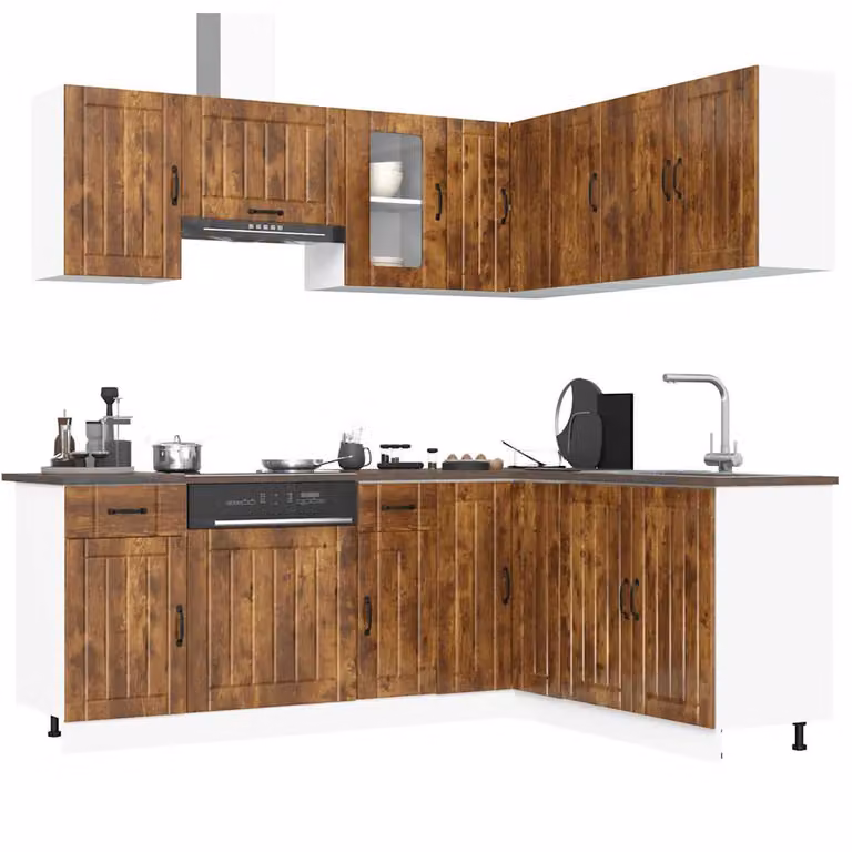 Set di mobili da cucina vidaXL Kalmar composto da 11 pezzi in legno di rovere color marrone con ante a cerniera e ripiani aperti in stile rustico