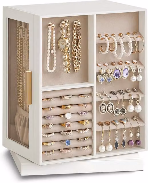 Organizer Gioielli Rotante a 360 con Cassetti e Ganci Avilia Home Bianco in Legno e Velluto L: 28,5 cm, P: 22,2 cm, H: 16 cm