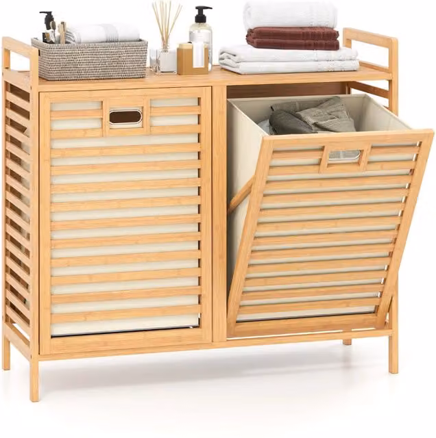 Cesto della biancheria a ribalta DESIGN IN in bambù con 2 cestini rimovibili beige e marrone, capacità 75 L