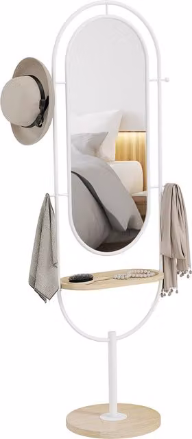 Specchio da terra a figura intera HOMCOM con vassoio in legno, 4 ganci e cornice in metallo, colore bianco, H: 175,5 cm, L: 50 cm