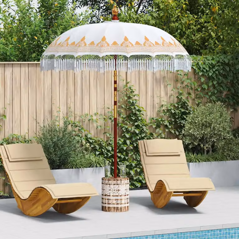 Ombrello balinese con base vidaXL in beige e bianco con palo centrale in legno e bambù, L/P/H: 185 x 185 x 260 cm