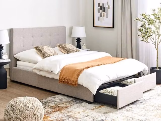 Letto contenitore matrimoniale Beliani imbottito in tessuto grigio con cassetti e rete a doghe L/P/H: 213 x 140 x 153 cm