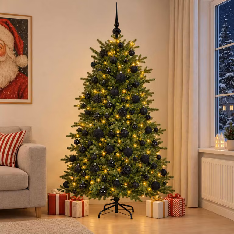 Albero di Natale artificiale verde vidaXL con 300 LED luce bianca calda e decorazioni, Altezza: 210 cm