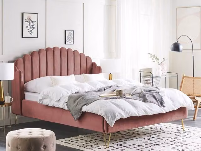 Letto Beliani in velluto rosa con testata capitonné e rete a doghe in legno L: 160 cm, P: 200 cm, H: 126 cm