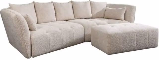 Divano modulare Imperia con pouf Meublorama in tessuto bouclé bianco, modello a L reversibile con struttura in legno massello