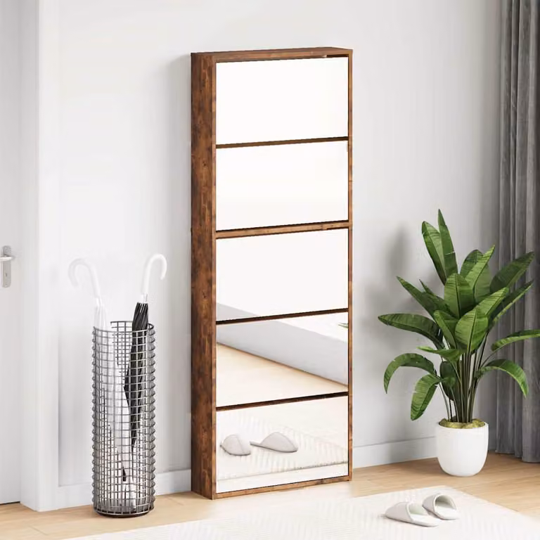 Scarpiera moderna vidaXL con specchio e ante push-to-open in rovere fumo, L: 63 cm, P: 17 cm, H: 169,5 cm