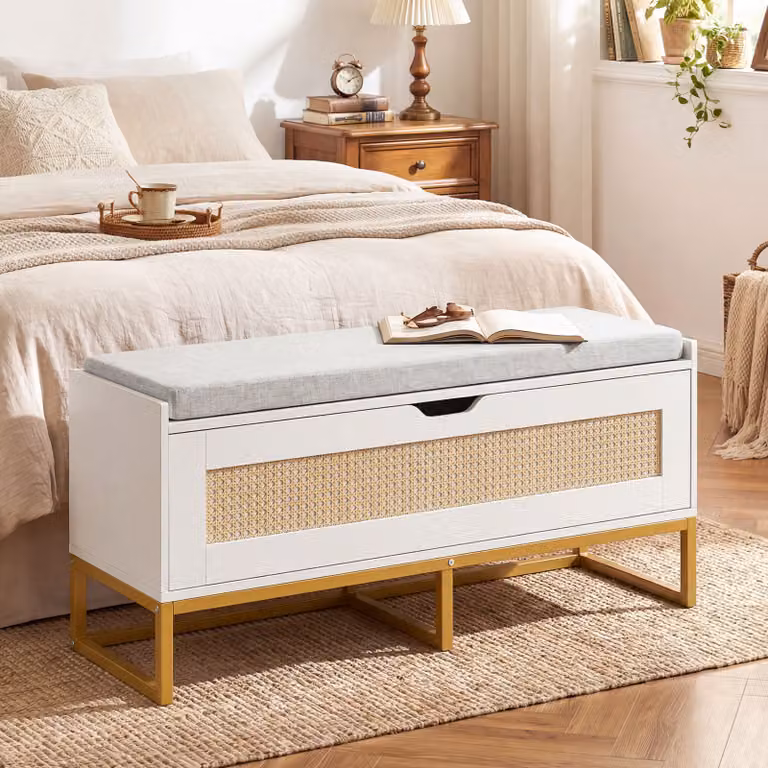Panca porta scarpe e cassa portaoggetti con seduta imbottita in rattan Costway, colore bianco