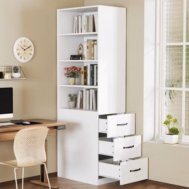 Libreria OKWISH moderna in MDF bianco con 3 cassetti, 4 vani aperti e ripiani regolabili, L: 60 cm, P: 38 cm, H: 180 cm