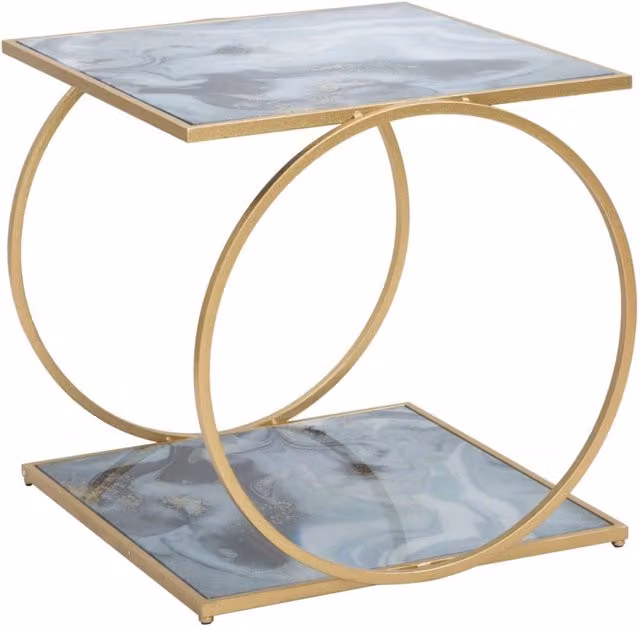Tavolinetto Glam a due ripiani GIORDANOSHOP in metallo, MDF e vetro, finitura oro e multicolore, L/P/H: 52,5 x 50 x 51 cm
