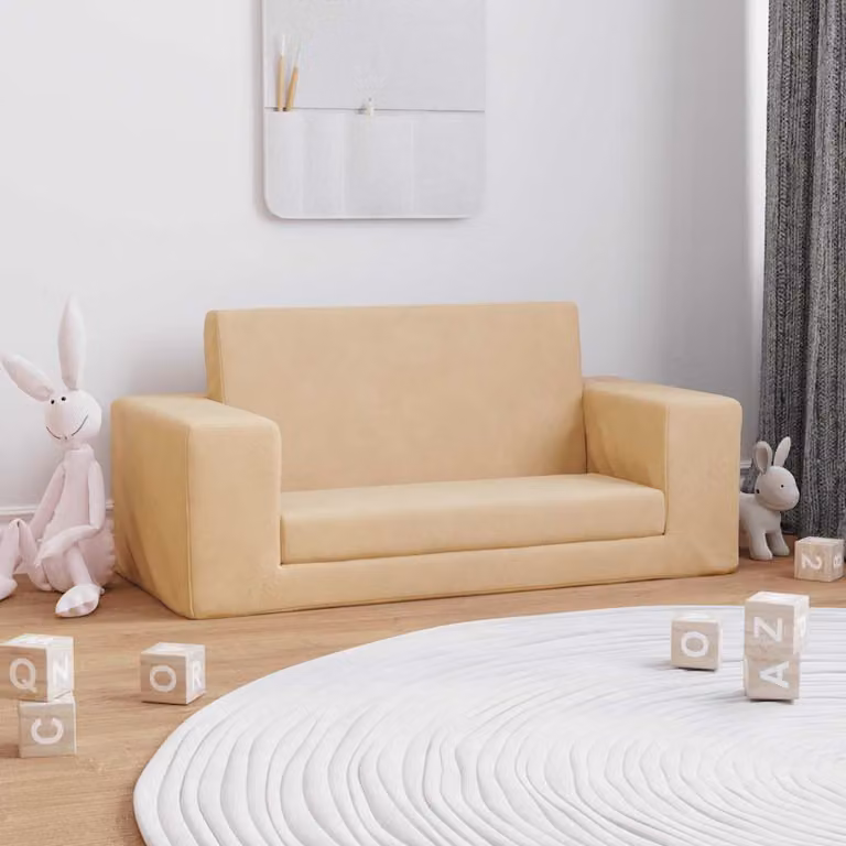 vidaXL Divano Letto per Bambini a 2 Posti in Morbido Peluche Beige L: 84 cm, P: 38 cm, H: 34 cm