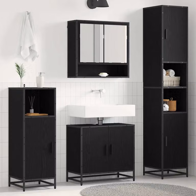 Set di mobili per il bagno vidaXL 3 pezzi in rovere e nero con armadietto a specchio, mobile lavabo e colonna alta