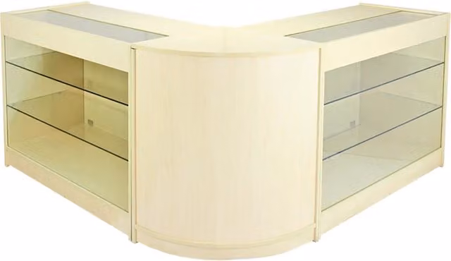 Set Horizon Monster Shop con 3 Banconi da Negozio e Reception in Acero e Beige con Ante in Vetro