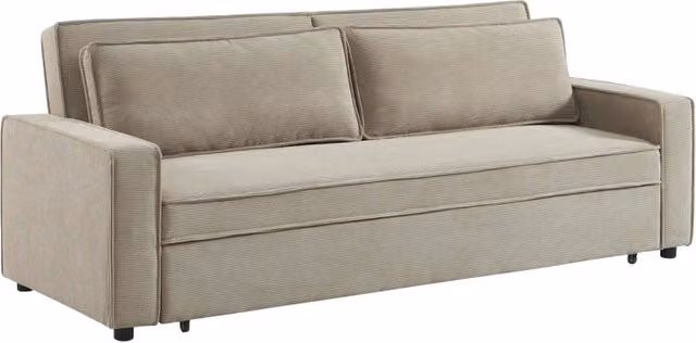Divano letto SWEEEK a 3 posti in velluto beige con struttura in legno massello e funzione letto estraibile per soggiorno