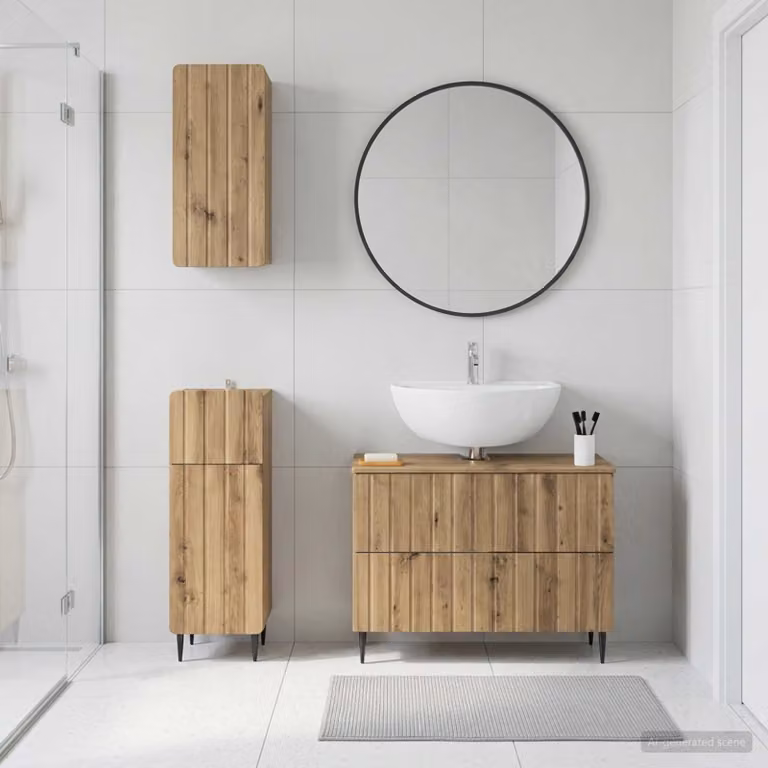Set di mobili da bagno vidaXL ZWOLLE in 3 pezzi, design minimalista in legno marrone con vanità e armadietti a muro