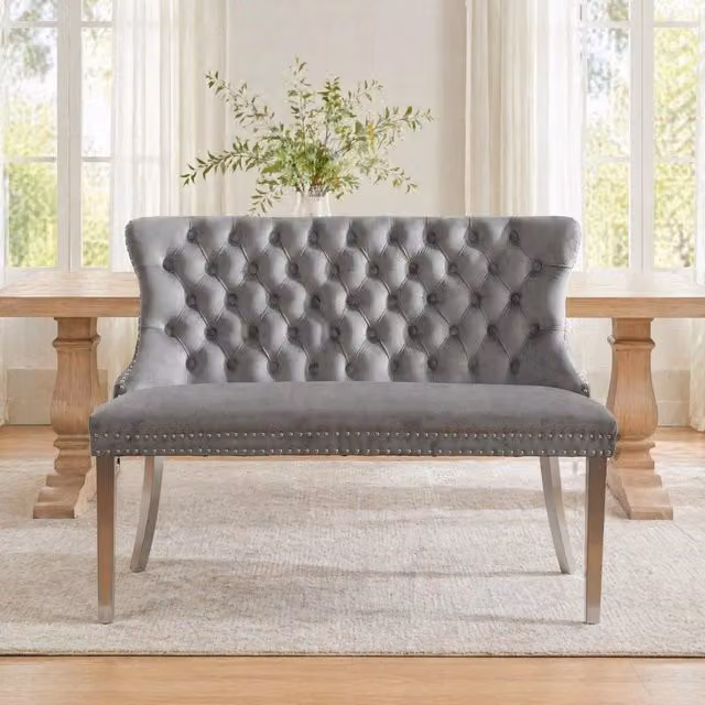 Panca da pranzo OKWISH a 2 posti in velluto grigio con gambe in metallo opaco in stile mid-century