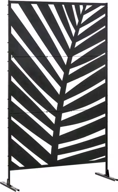 Pannello Privacy Esterno Outsunny in Metallo Nero con Design Foglia di Banana, Divisorio Decorativo Autoportante per Giardino e Terrazza, L 122 cm x H 198 cm