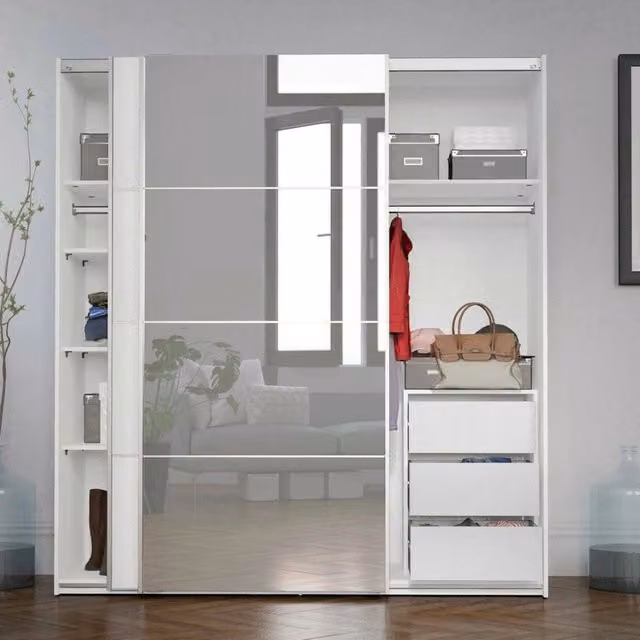 Armadio con ante scorrevoli DMORA per camera da letto, Bianco opaco, L: 182 cm, P: 64 cm, H: 201,5 cm