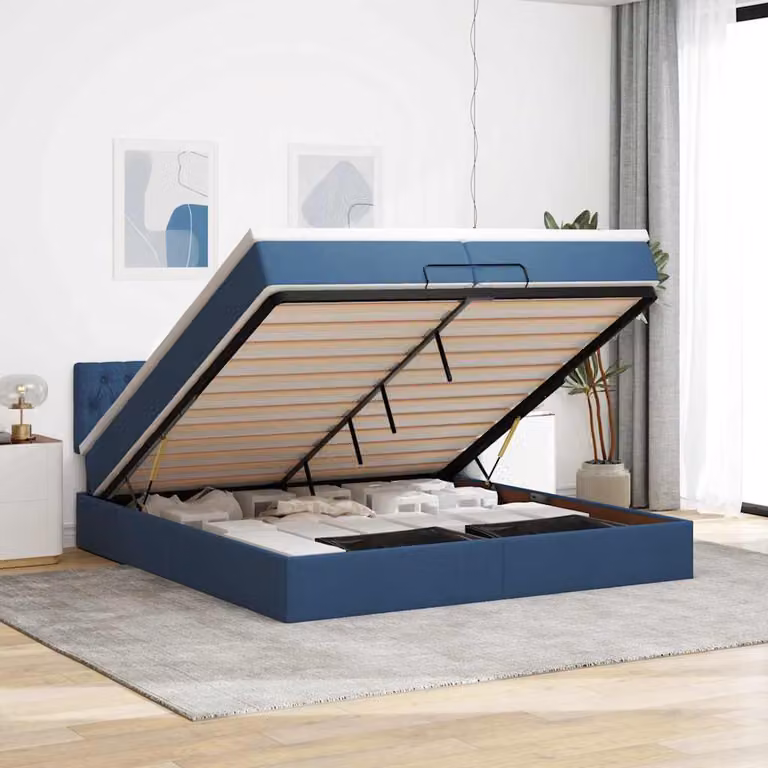 Letto matrimoniale con contenitore e materasso vidaXL in tessuto blu e bianco, L 200 x P 200 x H 280 cm