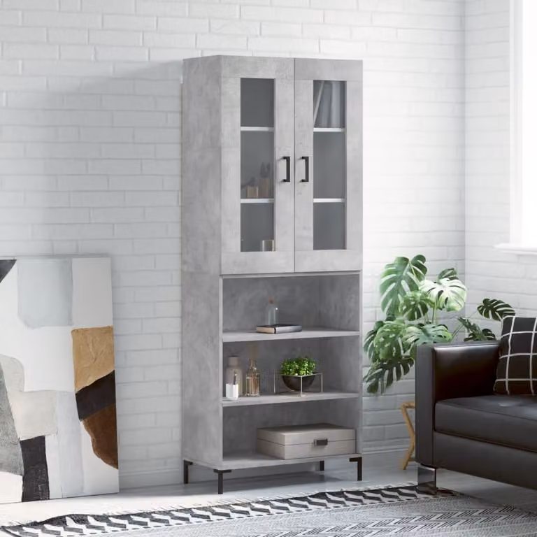 Credenza moderna vidaXL in legno e metallo con ante in vetro, Grigio, L: 69,5 cm, P: 34 cm, H: 180 cm