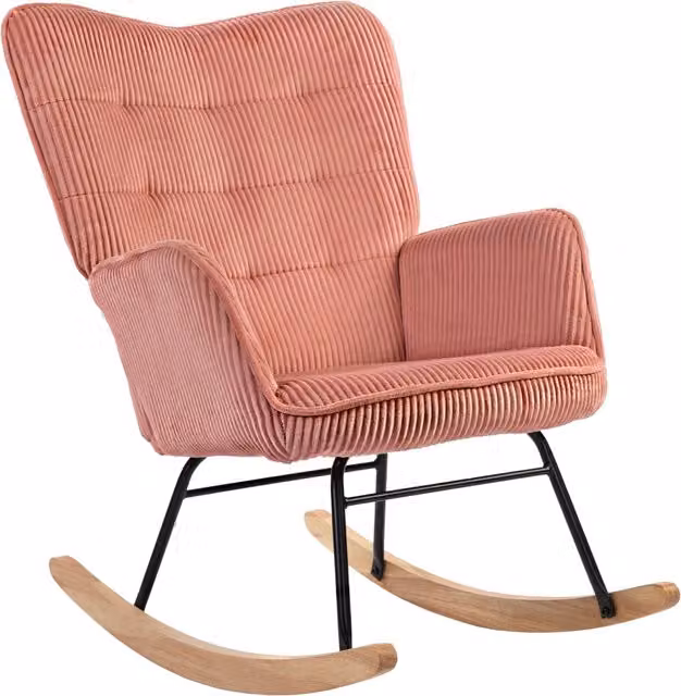 Sedia a dondolo WISHDOR con braccioli in tessuto effetto corda a righe, struttura in acciaio e base in legno di faggio, rosa