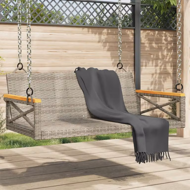 Panchina dondolo moderna vidaXL in polyrattan grigio con legno di acacia L: 109 cm, P: 62 cm, H: 40 cm