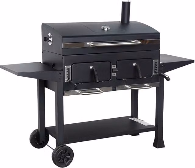Barbecue a carbonella XL Bernard in acciaio nero con termometro, griglia riscaldante e ruote, L: 160,0 cm, P: 107,5 cm, H: 38,4 cm