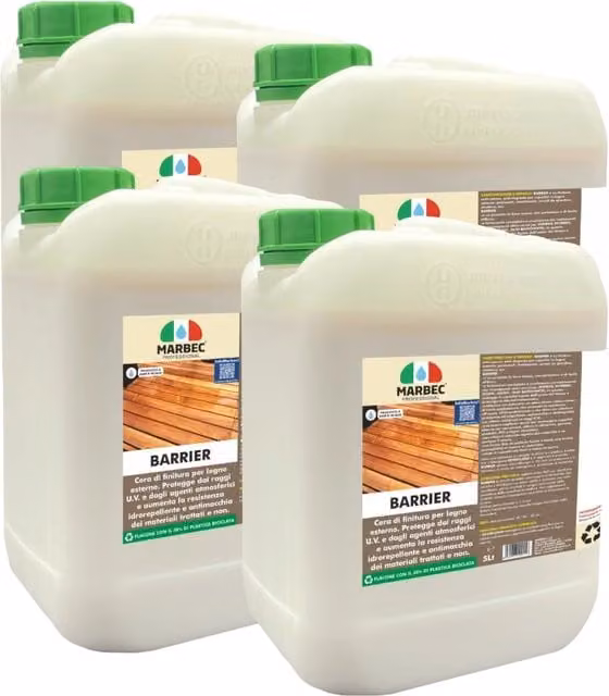 Cera per legno Marbec BARRIER opaca con protezione UV e idrorepellente, base acqua, colore bianco, confezione da 4 x 5 l