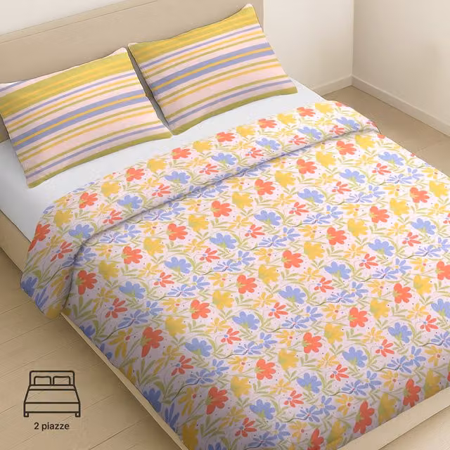 Copripiumino matrimoniale con federe in cotone a righe e fiori multicolore L 140 x P 200 cm