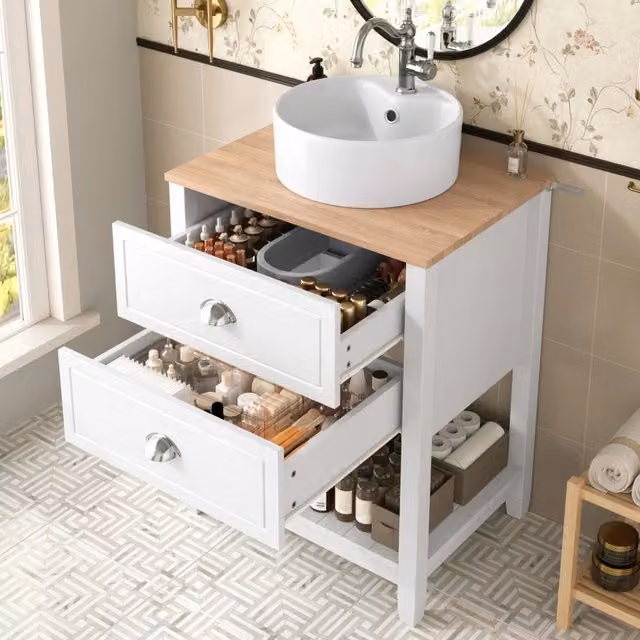 Mobile bagno freestanding WISHDOR moderno con lavabo, cassetti interni e vano aperto, bianco e beige, L: 60 cm, P: 45 cm, H: 91 cm
