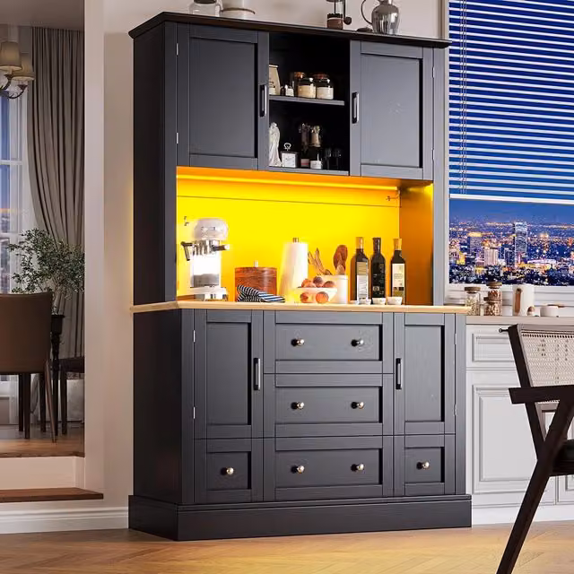 Credenza Alta Smart Moderna con Illuminazione Integrata, 4 Ante e 5 Cassetti, L/P/H: 115 x 40 x 180 cm, Nero o Marrone