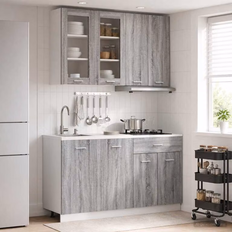 Set di 4 unità cucina moderne vidaXL LYON in legno ingegnerizzato grigio con ante in vetro