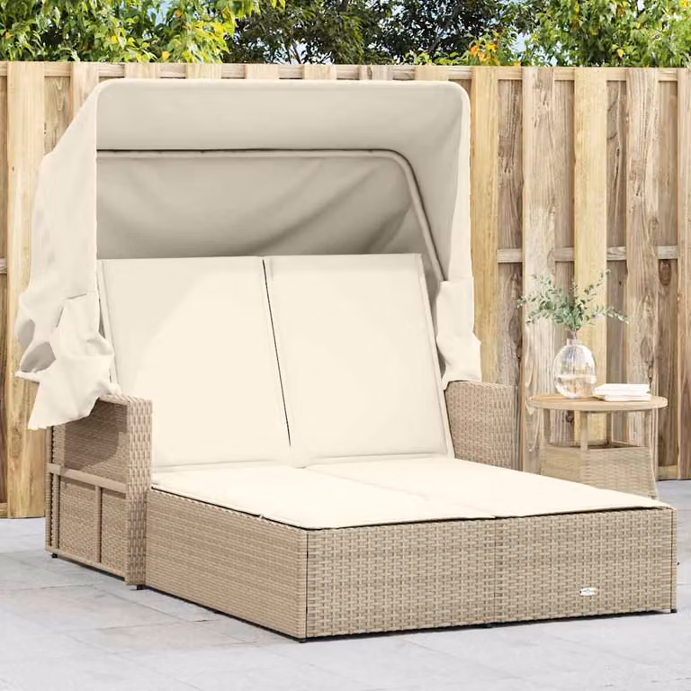 vidaXL Lettino Doppio con Baldacchino e Cuscini in Polyrattan Beige e Bianco