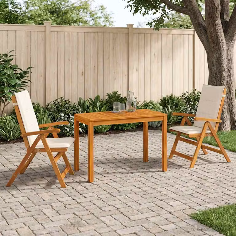 Set da pranzo per giardino e terrazzo vidaXL in legno di acacia massello oliato, colore marrone, con tavolo rettangolare e sedie con cuscini rimovibili resistenti alle intemperie