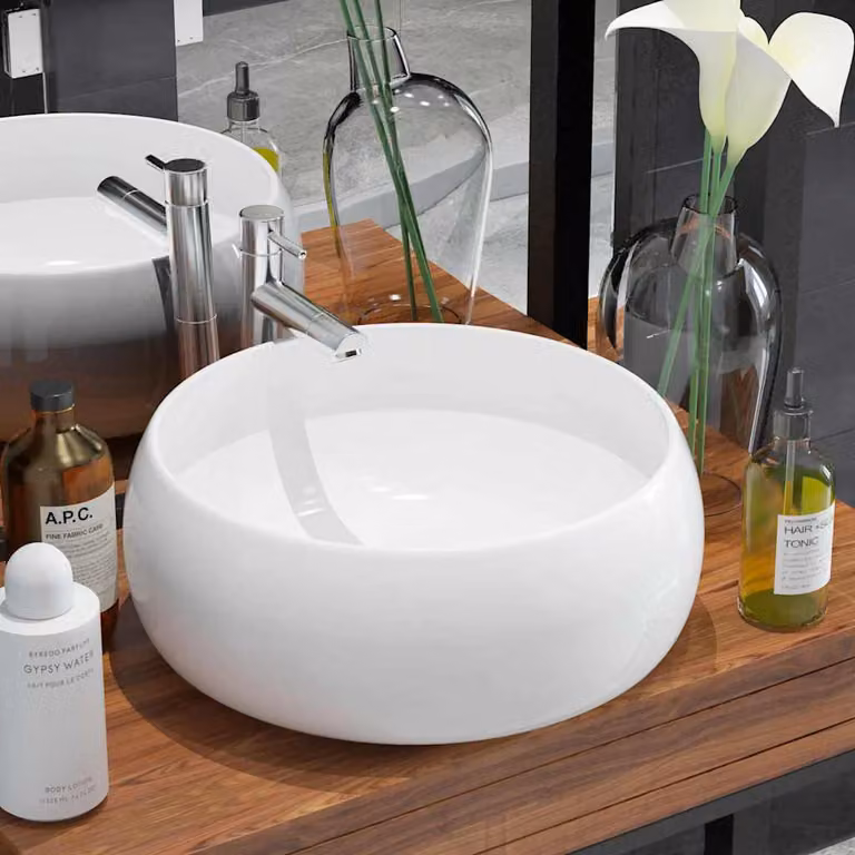 Lavandino rotondo da appoggio vidaXL in ceramica bianca, Diametro: 40 cm, Altezza: 15 cm