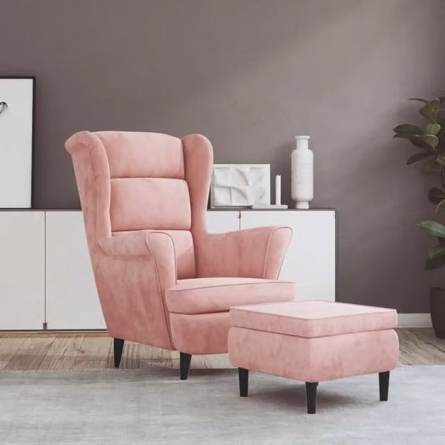 Poltrona con Schienale ad Ala e Poggiapiedi vidaXL in Velluto Rosa con Struttura in Legno e Imbottitura in Schiuma L: 96,5 cm, P: 78 cm, H: 90 cm