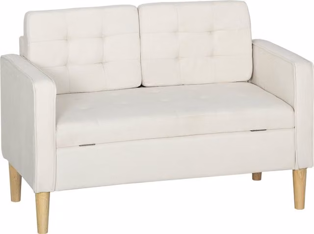 Divano due posti HOMCOM con contenitore e capitonné, in tessuto bianco crema con struttura in legno di gomma, L: 117 cm, P: 62 cm, H: 78 cm