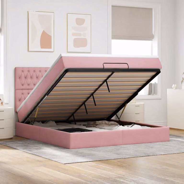Letto con contenitore e materasso vidaXL in velluto rosa e bianco, L: 200 cm, P: 160 cm, H: 128 cm