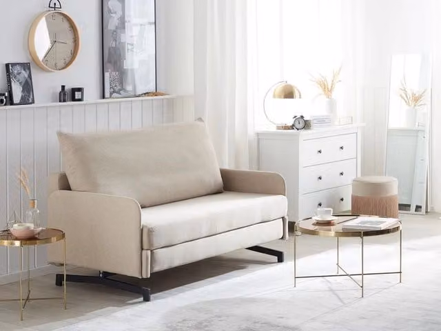 Divano Letto Beliani in Tessuto Beige con Funzione Letto e Coperture Rimovibili per Soggiorno in Stile Moderno L/P/H: 147 x 80 x 68 cm