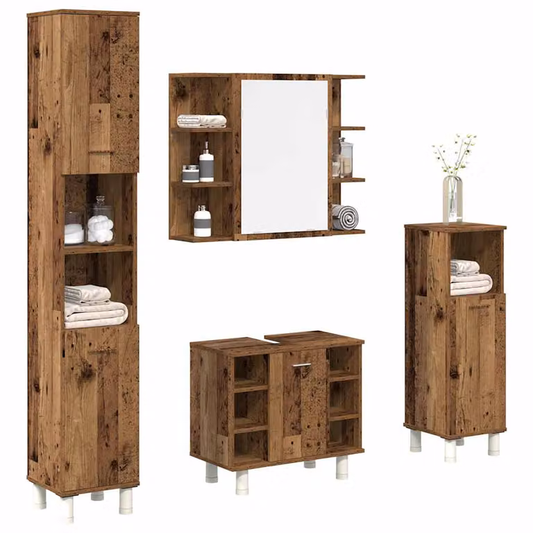 Set di mobili da bagno vidaXL 4 pezzi in legno multistrato color marrone antico con armadietto specchio, mobile lavabo e colonna alta