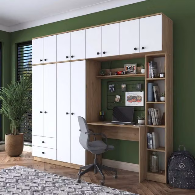 Armadio DMORA per camera da letto moderno in legno bianco e marrone L: 240 cm, H: 217 cm, P: 43 cm