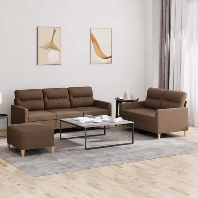 vidaXL Set di Divani 3 pz Moderno in Tessuto Marrone con Cuscini e Pouf