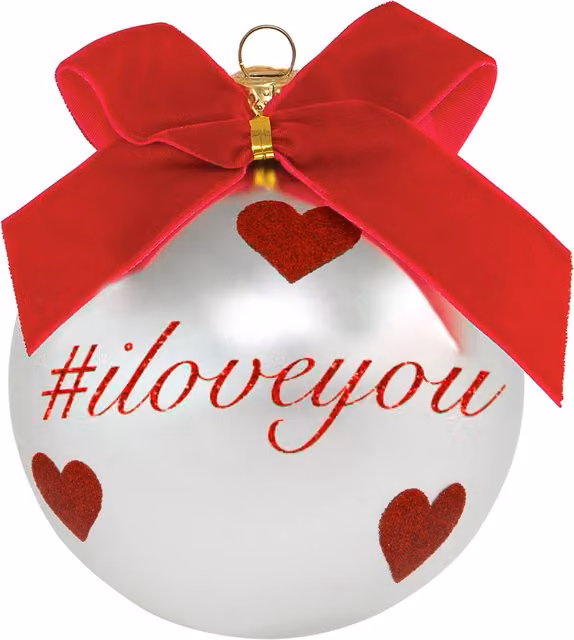 Pallina di Natale Kasanova in vetro con scritta I Love You e decorazioni a cuori, colori argento, rosso e bianco, Diametro: 10 cm