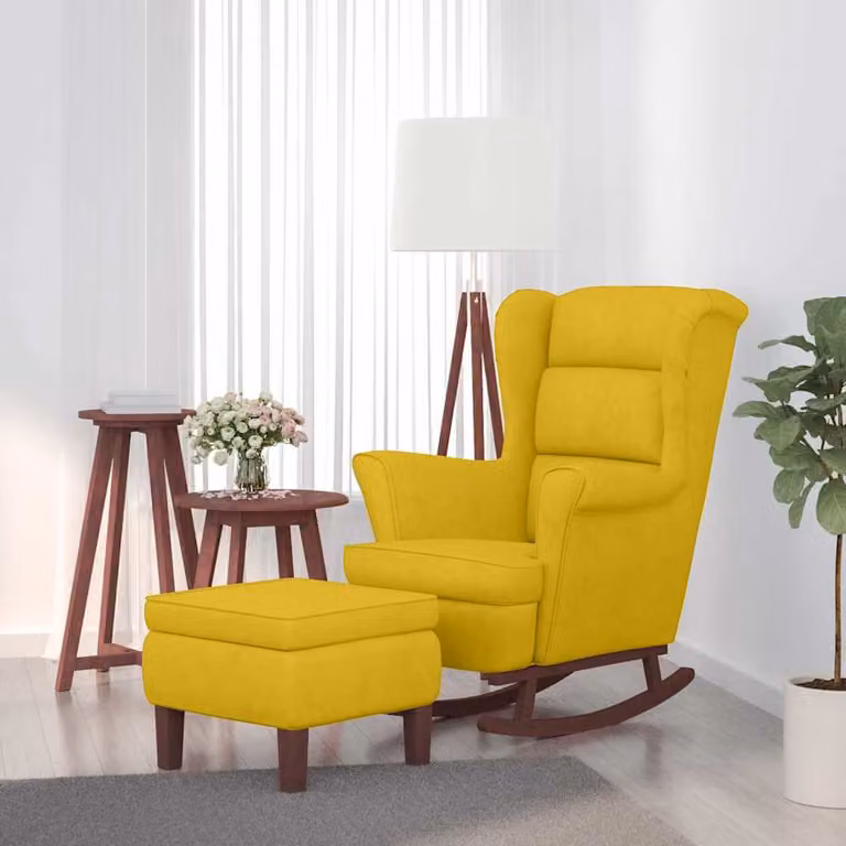 Sedia a dondolo con schienale alto in velluto giallo e struttura in legno massiccio con pouf incluso vidaXL