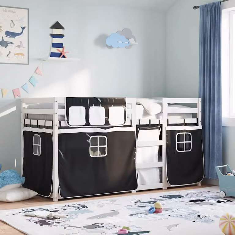Letto a Castello vidaXL in Legno di Pino per Bambini, Bianco e Nero, L/P/H: 200 x 80 x 151 cm