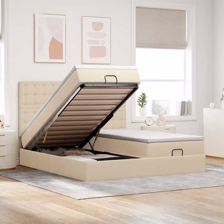 Letto con contenitore a sollevamento vidaXL in tessuto beige e bianco con porta USB e illuminazione sottostante L: 200 cm, P: 200 cm, H: 280 cm