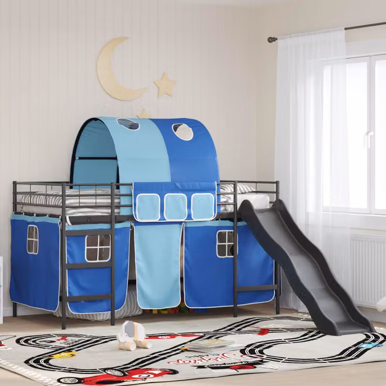 vidaXL Letto a castello per bambini con struttura in metallo e tenda a casetta, Nero e Blu, L 200 x P 80 x H 205 cm